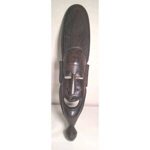 Vintage Handcarved Hard Wood African Mask Wall Decor 18x4x2.5" W hanger